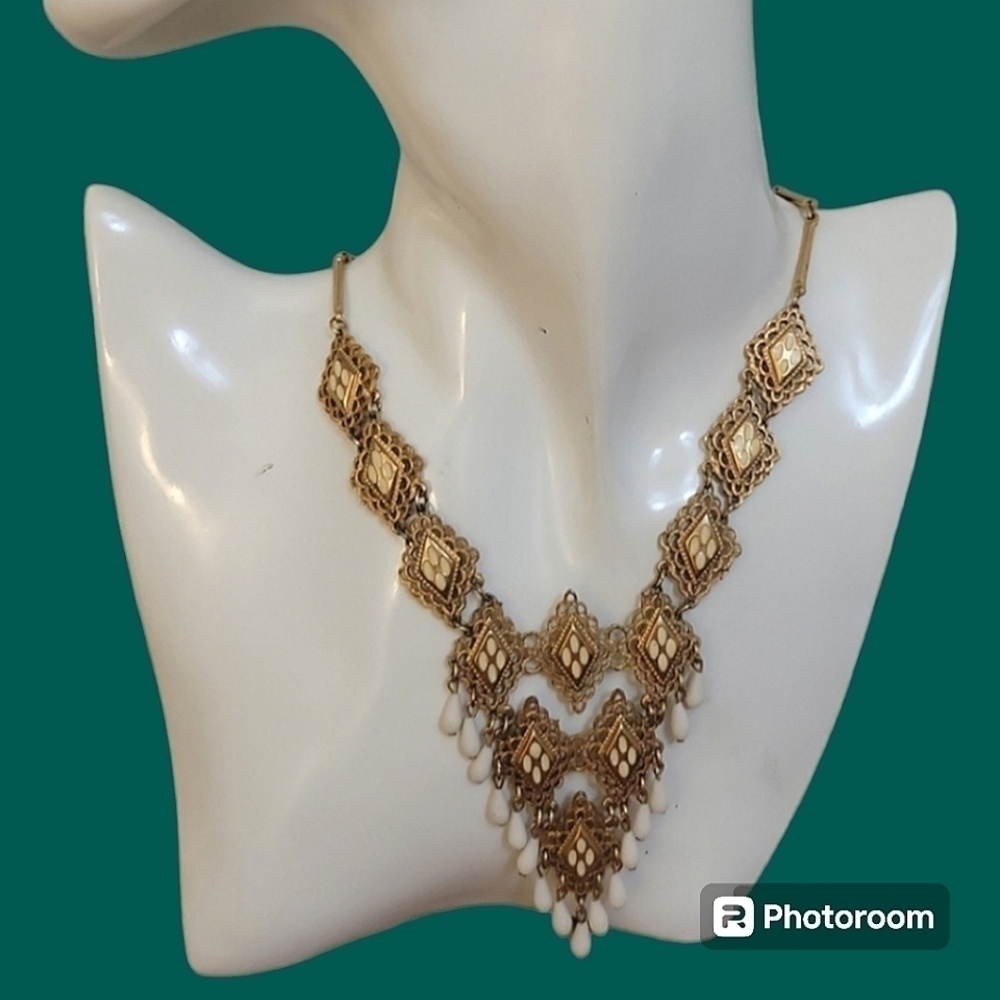 VTG Art Deco Chandalier Bib Great Gatsby Brass Plastron Necklace